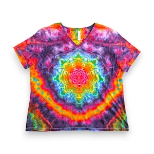 Women&#39;s XL Tie Dye Shirt, Psychedelic Rainbow Mandala Design, One of a Kind, Hand Dyed Shirt