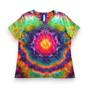 Women&#39;s Large Tie Dye Shirt, Psychedelic Rainbow Mandala Design, One of a Kind, Hand Dyed Shirt