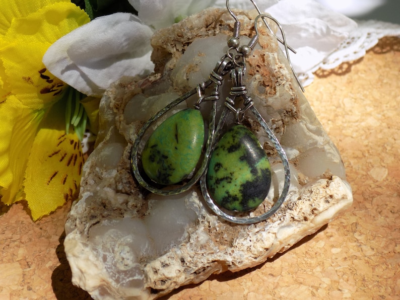 Green magnacite and sterling silver teardrop earrings \u2022 Wire jewelry \u2022 Sterling silver dangles \u2022 Hand made \u2022 One of a kind