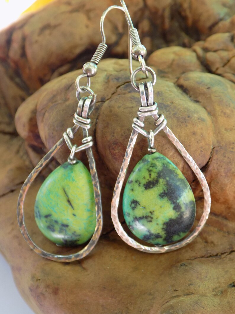 Green magnacite and sterling silver teardrop earrings \u2022 Wire jewelry \u2022 Sterling silver dangles \u2022 Hand made \u2022 One of a kind