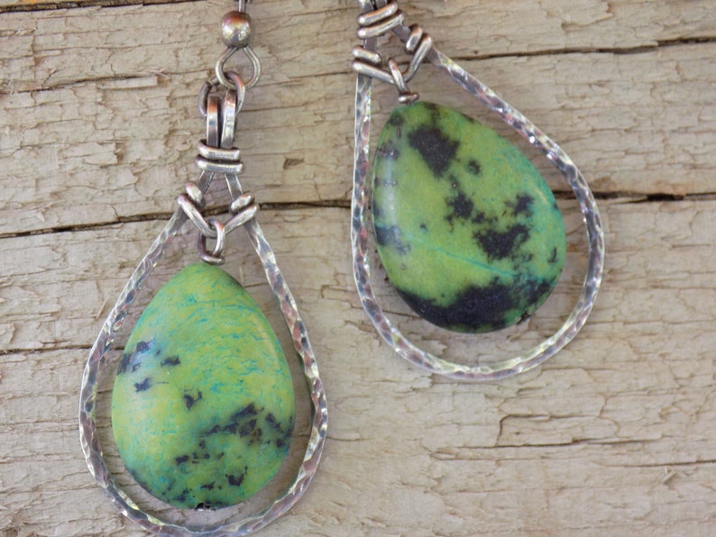 Green magnacite and sterling silver teardrop earrings \u2022 Wire jewelry \u2022 Sterling silver dangles \u2022 Hand made \u2022 One of a kind
