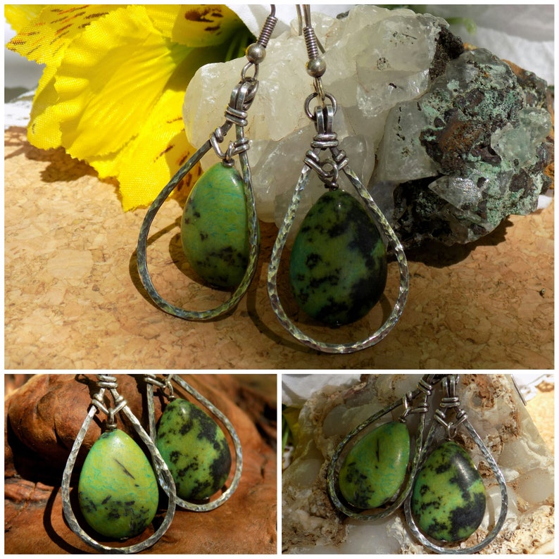 Green magnacite and sterling silver teardrop earrings \u2022 Wire jewelry \u2022 Sterling silver dangles \u2022 Hand made \u2022 One of a kind