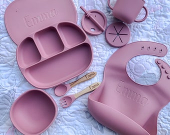 Silicone Baby Feeding Set, Personalized Feeding Set, 10 piece feeding set, Baby Shower Gift, Divided Suction Plate, Feeding Training Set
