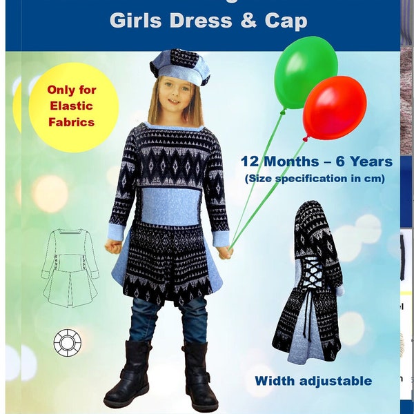 Digital Pattern PDF Girl Dress Jersey Stretch Beret Cap Hat Width adjustable Size 1-6 E-Book