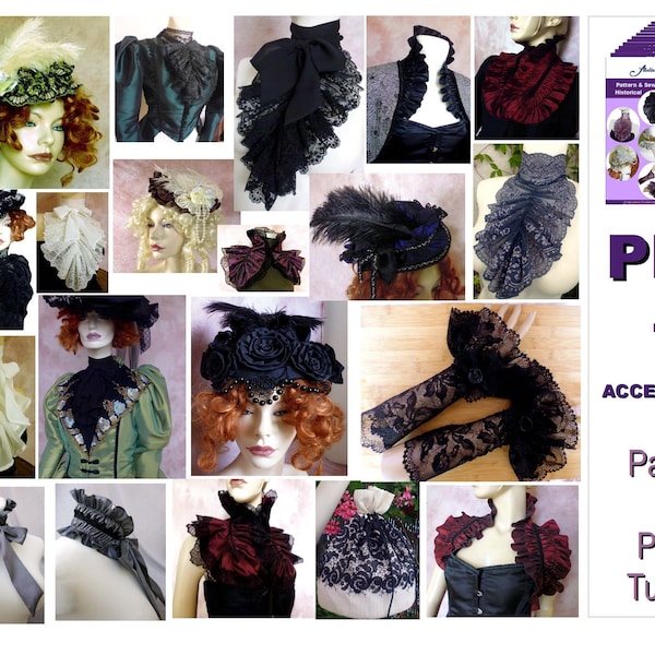 DIY Digital pattern PDF Photo Tutorial Historical Accessories Victorian Rococo Gothic Wedding Ascot Carnival Jabot Hat Sleeve Bag E-Book