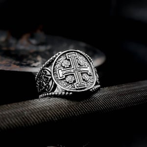 Jerusalem Cross Ring, Knight Templar Crusader Cross Ring 925 Sterling Silver