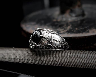 Onyx Cross Lorraine Ring: 925 Sterling Silver Heraldic Ring