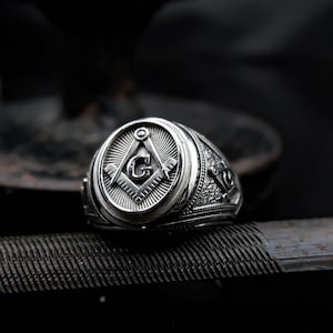 Masonic Ring, Men&#39;s Ring, Freemason ring, Illuminati Masonic Sacred Ring, Freemasonry Ring with Masonic Symbol 925 Sterling Silver