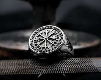 Vegvisir Viking Ring, Compass Barbarian Gladiator  Pagan Asatru Heathen Norse Runes Ring 925 Sterling Silver