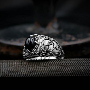 925 Sterling Silver Onyx Seal Sigil of Lilith Ring, Lilith Sigil Ring, Black Onyx Unisex Ring Size 6-15
