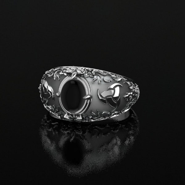 Onyx Odin's Horn Ring, Triple Horn of Odin Ring, Viking Ring, Scandinavian Ring, Black Onyx Unisex Ring 925 Sterling Silver Size 6-15