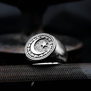 Islamic Ring, Muslim Ring, Moon and Star Ring, Islamic Crescent Ring Men&#39;s Fashion Jewelry 925 Sterling Silver