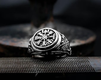 Vegvisir Ring,Vegvisir Viking Sigil Ring, Viking Ring, Runic Compass Ring Vegvísir Pagan Scandinavian Norse Jewelry 925 Sterling Silver
