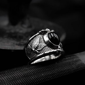 925 Sterling Silver Onyx Flying Dove Ring, Onyx Pigeon Men Ring, Bird Ring, Men Wedding Band Ring, Promise Ring Gift For Boyfriend