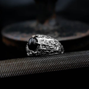 925 Sterling Silver Onyx King of Hearts Ring, Playing Card Ring Poker Card Jewelry Size 6-15