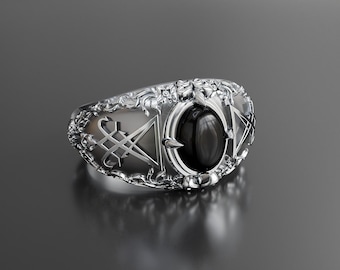 Sigil of Lucifer Ring, Seal of Satan Ring, Men' s Onyx Lucifer Ring, Womens Onyx Ring 925 Sterling Silver Size 6-15