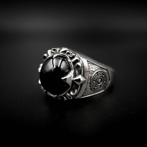 Onyx Wheel of Hecate ring, Hecate's Wheel Ring, Hekate's Magic Ring, Mens Onyx Ring 925 Sterling Silver Size 6-15