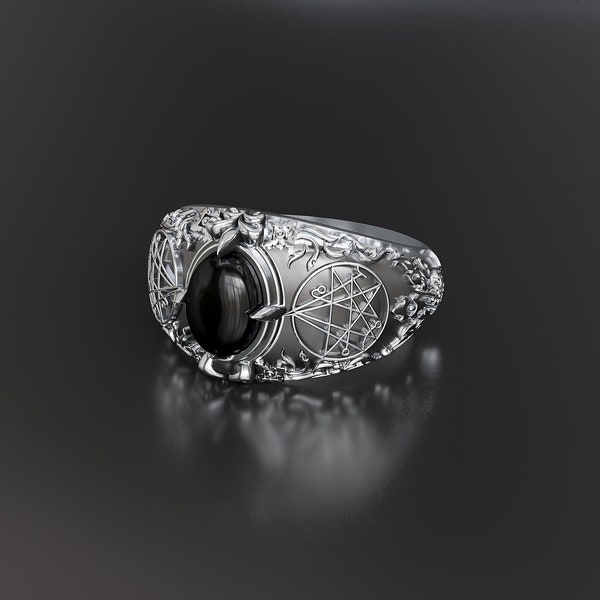 Seal Sigil of the Necronomicon Ring, Men' s Onyx Necronomicon Ring, Black Onyx Unisex Ring 925 Sterling Silver Size 6-15