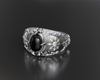 925 Sterling Silver Onyx Chaos Star Ring, Chaos Magic Star Ring, Symbol of Chaos Ring, Black Onyx Unisex Ring Size 6-15