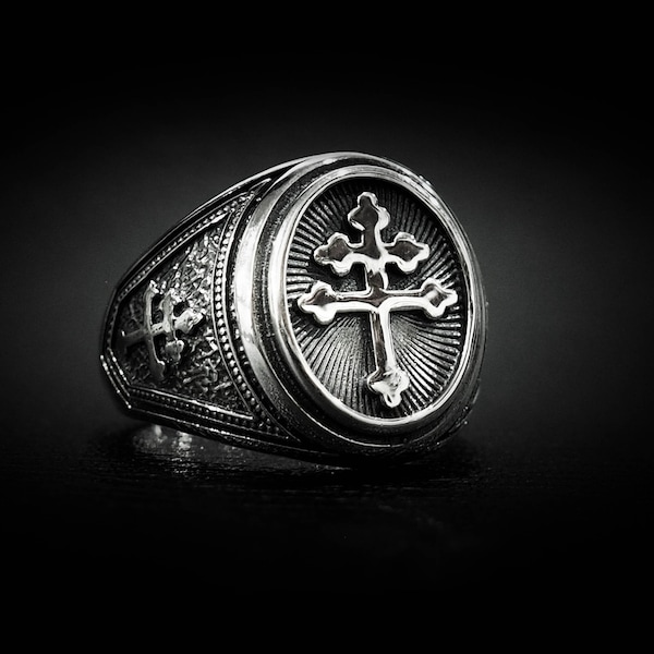 Cross Of Lorraine Magnum Ring, Lorraine Cross France Heraldic Ring, Cross Lorraine Ring with 925 Sterling Silver Size 6-15