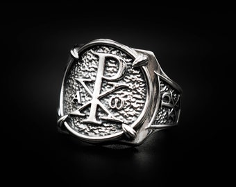 Chi Rho Ring Alpha and Omega - Freemason Knights Templar Christian Ring, Mens Chi Rho Ring 925 Sterling Silver