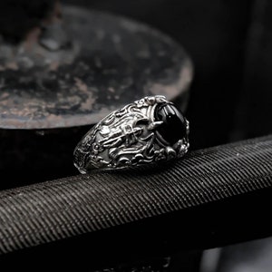 925 Sterling Silver Onyx Saint Michael Ring, St. Michael Ring, Protect Michael Biker Rings, Christian Angel Jewelry Size 6-15
