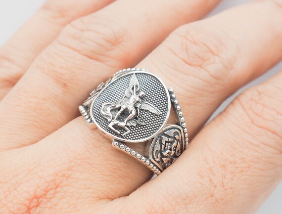 Anillo de San Miguel Anillo de San Miguel Proteger Michael Biker Anillos Angel Angel Joyeria 925 Sterling Plata Etsy Espana