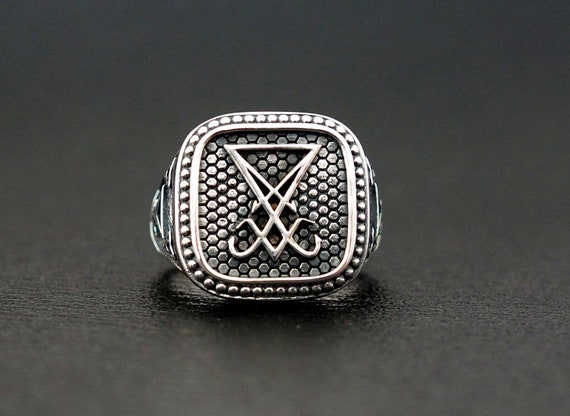 Brimstone Leviathan Cross Satanic Devil Lucifer Ring 925 Sterling Silver Satanic Cross Onyx Ring