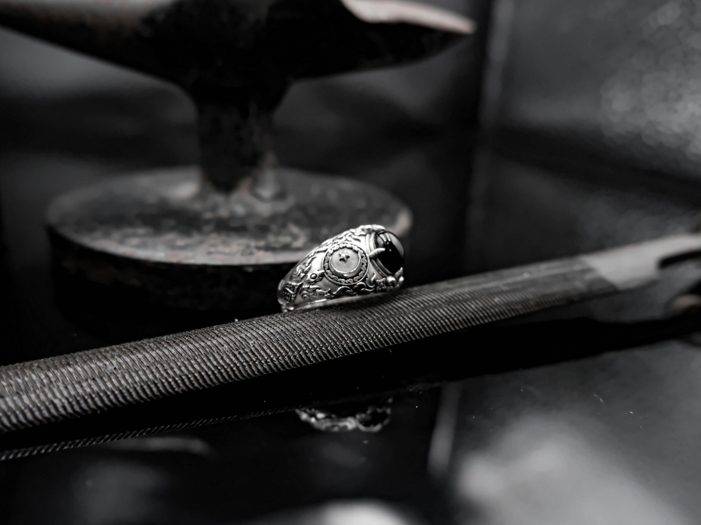 925 Sterling Silver Onyx Islamic Ring, Muslim Ring, Moon and
