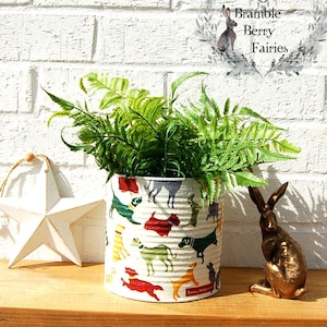 May include: A white metal can with a colourful dog pattern is used as a planter for a green fern plant. The can is sitting on a wooden shelf with a white star and a gold rabbit figurine.