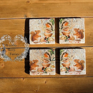 Squirrel & Robin Coasters Set Of 4 Handmade Decoupage Heavy Natural Stone