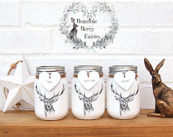 Stag Deer Tea Coffee & Sugar Mason Jars Decoupaged Silver coloured Lids