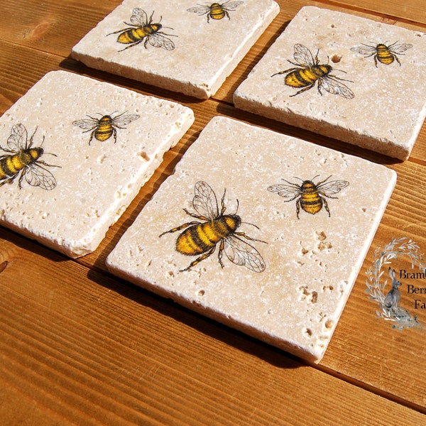 Bee Save the Bees Coasters Set Of 4 Handmade Decoupage Heavy Natural Stone