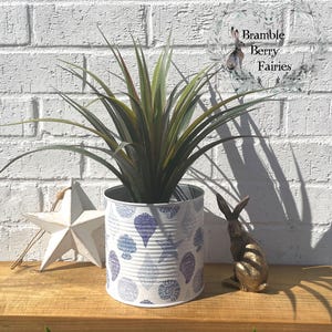 May include: A decorative tin can planter with a seashell pattern in blue and white, holding a green and burgundy plant. A white star and a gold-coloured rabbit figurine are nearby. The background is a white brick wall.