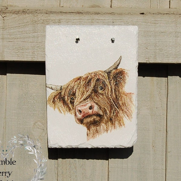 Numéro de porte Plaque de maison en ardoise Highland Cow Coo avec numéro