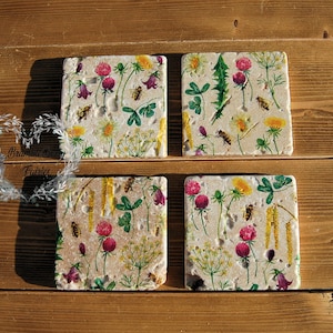 Bee & Wildflowers Daisy Clover Dandelions Bumble Bee Save the Bees Coasters Set Of 4 Handmade Decoupage Heavy Natural Stone