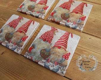 Christmas Gnome Gonks Coasters Set Of 4 Handmade Decoupage Heavy Natural Stone