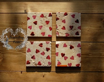 Emma Bridgewater Pink & Red Hearts Coasters Set Of 4 Handmade Decoupage Heavy Natural Stone