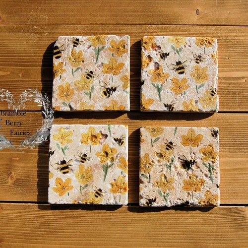 Bumble Bee Save the Bees Coasters Set of 4 Handmade Decoupage Etsy UK