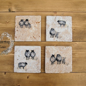 Farm Animals Cute Sheep & Lambs Coasters Set Of 4 Handmade Decoupage Heavy Natural Stone