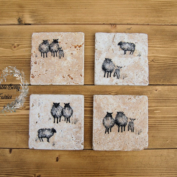Farm Animals Cute Sheep & Lambs Coasters Set Of 4 Handmade Decoupage Heavy Natural Stone