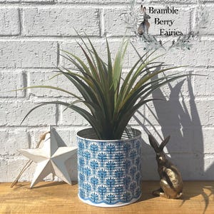 May include: A cylindrical planter with a blue and white floral design, containing a green plant. A white star and a gold rabbit ornament are placed beside it. The text "Bramble Berry Fairies" is in the background.