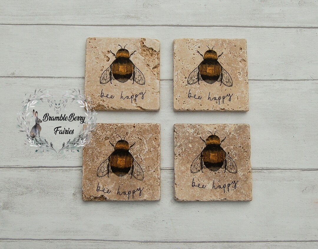 Bumble Bee Save the Bees Bee Happy Coasters Set of 4 Handmade Decoupage