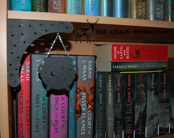 May include: A bookshelf with a black cauldron hanging from a metal chain. The bookshelf is filled with books, including a series of books titled "A Court of" by Sarah J. Maas. The bookshelf also has a sign that reads "The Chase Workshop".