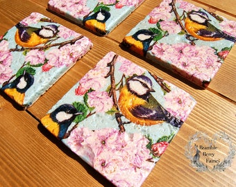 Blue Tits Birds Cherry Blossom Coasters Set Of 4 Handmade Decoupage Heavy Natural Stone
