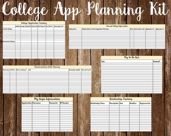 May include: A printable college application planning kit with sections for tracking deadlines, recommendations, login information, to-do lists, and scholarships. The kit is designed to help students organise their college application process.