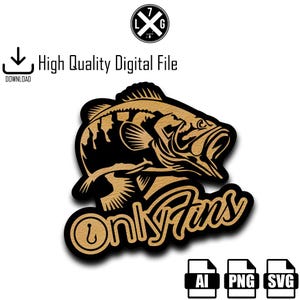 May include: A brown and black illustration of a fish with the text "Only Fins" in a stylized font. The fish is jumping out of the water and has a hook in its mouth.
