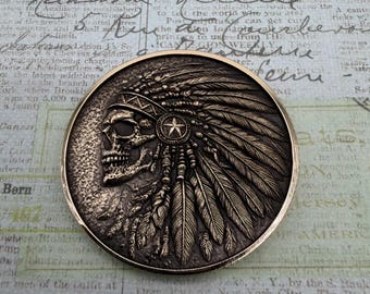 Native American Skull Chief Brass Challenge Coin, Indian Brass Collector Coin, Antiqued Brass Coin, Custom Challenge Coin