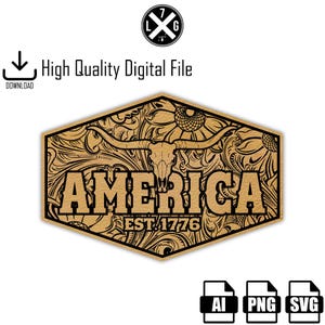 Puede incluir: Un archivo digital con un diseño decorativo con la palabra "AMERICA" y "EST. 1776" en una fuente de estilo occidental. El diseño incluye una calavera de cuernos largos y patrones florales, todo en color madera.
