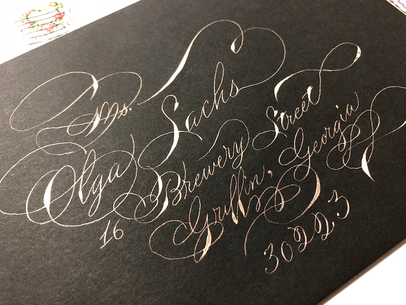 Spencerian script Pearl ink black A7 envelopes with super flourished ornamental script Fancy custom wedding stationary unique fun